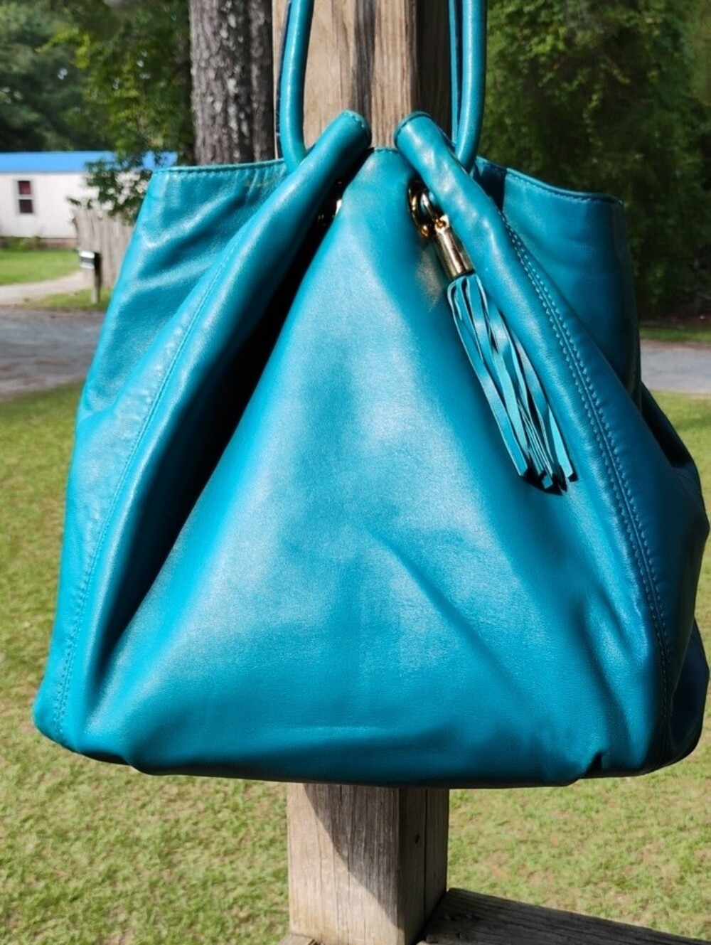 Michael Kors Teal  Leather Shoulder Bag With Tassel On The Back Free Shipping - Picture 2 of 10